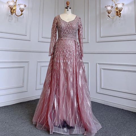 Muslim  grey With Overskirt O-Neck Evening Dresses Gowns Luxury Beaded 2025 For Woman Party LA71723