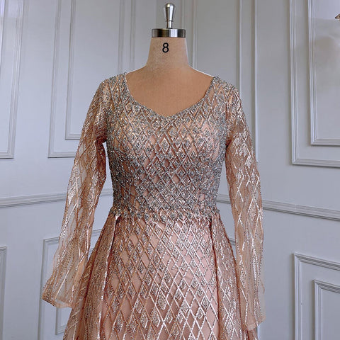 Muslim  grey With Overskirt O-Neck Evening Dresses Gowns Luxury Beaded 2025 For Woman Party LA71723