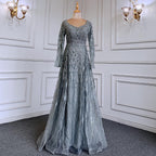 Muslim  grey With Overskirt O-Neck Evening Dresses Gowns Luxury Beaded 2025 For Woman Party LA71723