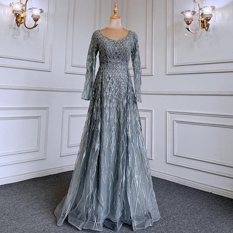 Muslim  grey With Overskirt O-Neck Evening Dresses Gowns Luxury Beaded 2025 For Woman Party LA71723