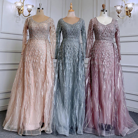 Muslim  grey With Overskirt O-Neck Evening Dresses Gowns Luxury Beaded 2025 For Woman Party LA71723