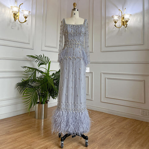 Elegante vestido de noche musulmán turquesa de sirena, con plumas y cuentas, para mujer, para fiesta, LA71722 