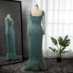 MuslimTurquoise Mermaid  Elegant Evening Dresses Gowns 2025 Luxury Beaded Feather For Women Party LA71722