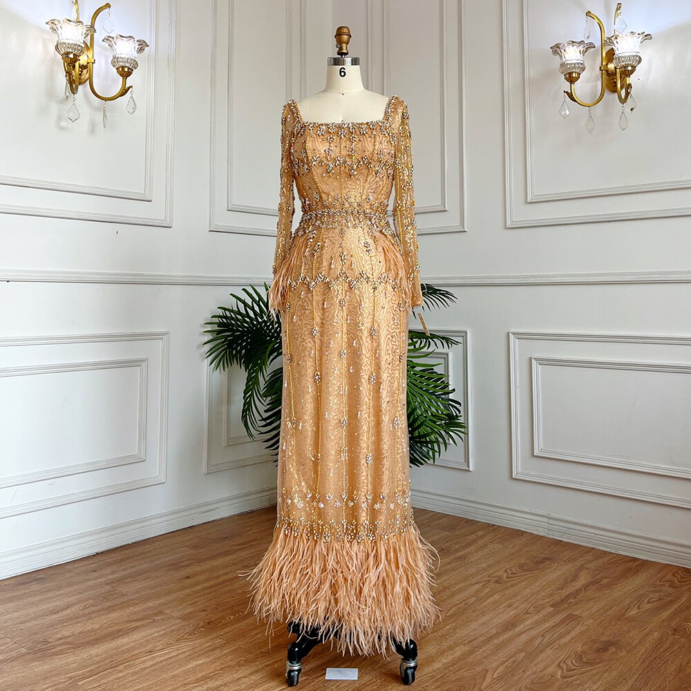 MuslimTurquoise Mermaid  Elegant Evening Dresses Gowns 2025 Luxury Beaded Feather For Women Party LA71722