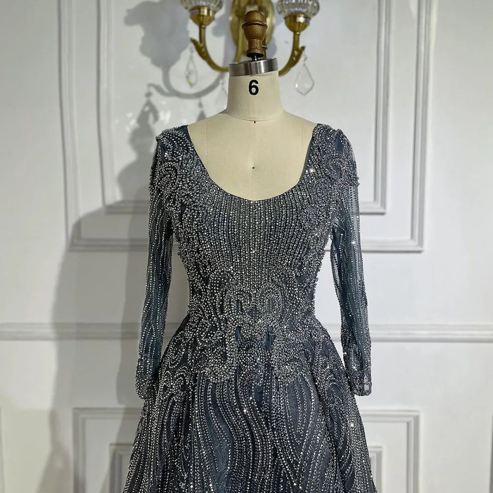 Muslim Navy Blue Overskirt Luxury Dubai Evening Dresses 2025 Elegant A Line Beaded For Women Party LA70773A