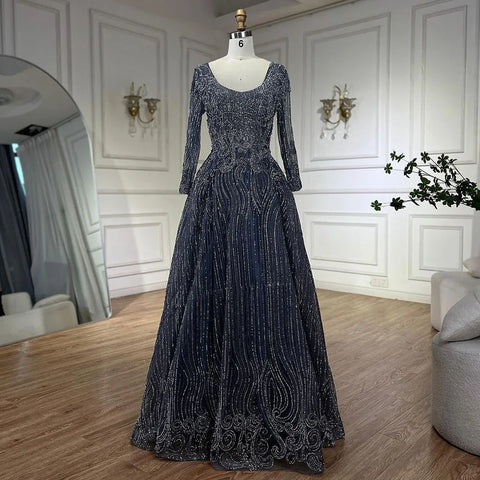 Muslim Navy Blue Overskirt Luxury Dubai Evening Dresses 2025 Elegant A Line Beaded For Women Party LA70773A