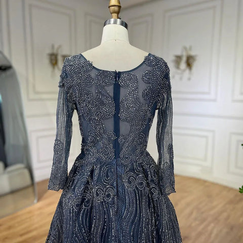 Muslim Navy Blue Overskirt Luxury Dubai Evening Dresses 2025 Elegant A Line Beaded For Women Party LA70773A