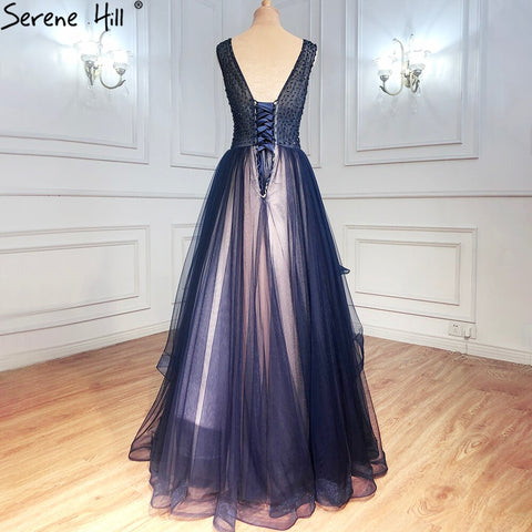 Vestidos de noche azul marino de corte A, sin mangas, con cuentas, sexys, para mujer, para bodas y fiestas, LA71125 