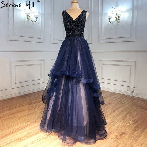Vestidos de noche azul marino de corte A, sin mangas, con cuentas, sexys, para mujer, para bodas y fiestas, LA71125 