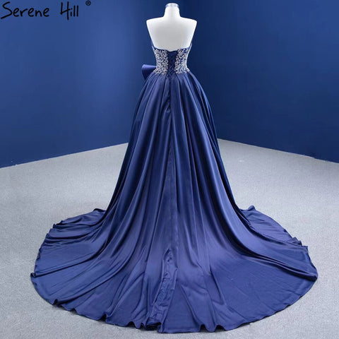 Vestido de noche azul marino de corte A con abertura alta, satén con cuentas, sexy, para mujer, fiesta, HM67374 