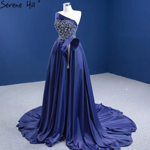 Vestido de noche azul marino de corte A con abertura alta, satén con cuentas, sexy, para mujer, fiesta, HM67374 