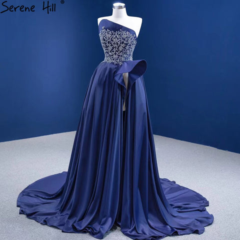 Vestido de noche azul marino de corte A con abertura alta, satén con cuentas, sexy, para mujer, fiesta, HM67374 