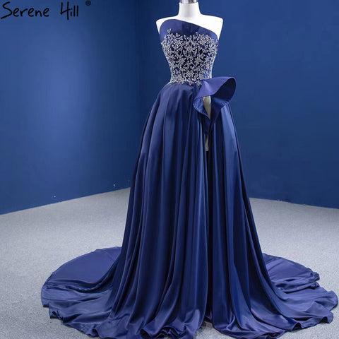 Vestido de noche azul marino de corte A con abertura alta, satén con cuentas, sexy, para mujer, fiesta, HM67374 