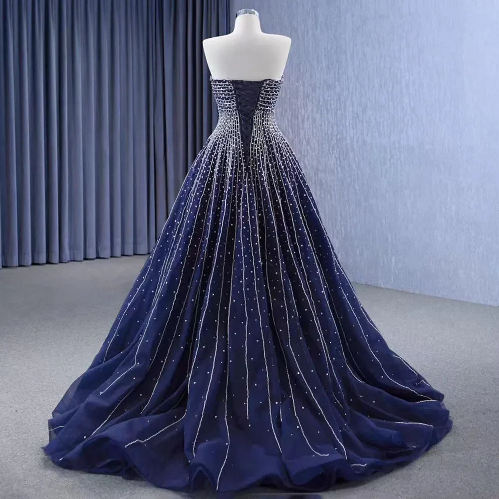 Navy Blue High End Sexy Strapless Crystal Beaded Luxury Pearls Lace Up Bride Gowns Wedding Dress Custom Made HM23102