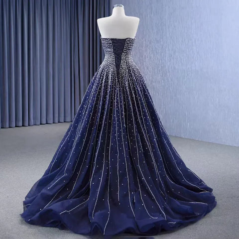 Vestido de novia azul marino de alta gama, sexy, sin tirantes, con cuentas de cristal, de lujo, con cordones y perlas, hecho a medida HM23102 