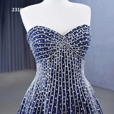 Vestido de novia azul marino de alta gama, sexy, sin tirantes, con cuentas de cristal, de lujo, con cordones y perlas, hecho a medida HM23102 