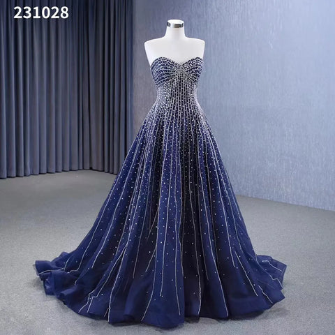 Vestido de novia azul marino de alta gama, sexy, sin tirantes, con cuentas de cristal, de lujo, con cordones y perlas, hecho a medida HM23102 