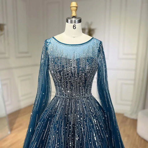 Vestido de noche azul marino de lujo con mangas estilo capa, corte A y cuentas, para boda de mujer (2025, LA72248A) 