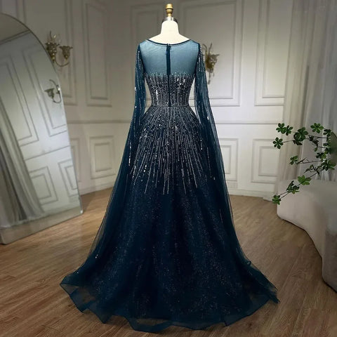 Vestido de noche azul marino de lujo con mangas estilo capa, corte A y cuentas, para boda de mujer (2025, LA72248A) 