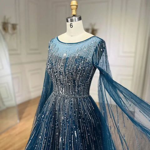 Vestido de noche azul marino de lujo con mangas estilo capa, corte A y cuentas, para boda de mujer (2025, LA72248A) 
