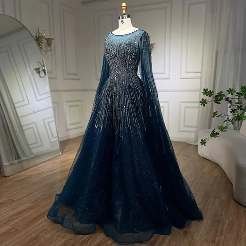 Vestido de noche azul marino de lujo con mangas estilo capa, corte A y cuentas, para boda de mujer (2025, LA72248A) 
