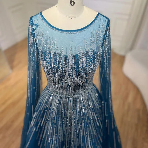 Vestido de noche azul marino de lujo con mangas estilo capa, corte A y cuentas, para boda de mujer (2025, LA72248A) 