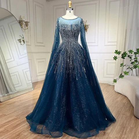 Vestido de noche azul marino de lujo con mangas estilo capa, corte A y cuentas, para boda de mujer (2025, LA72248A) 