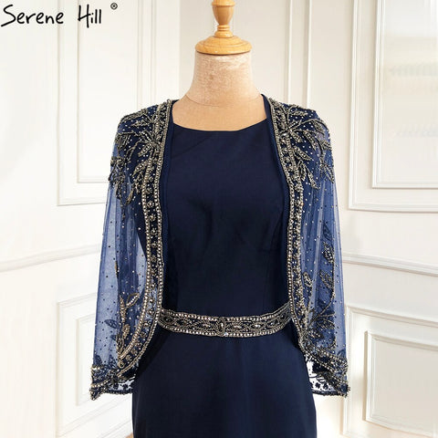 Elegante vestido de noche azul marino de sirena, 2025, de satén con cuentas, chal de hilo, sexy, para mujer, fiesta, LA70884 