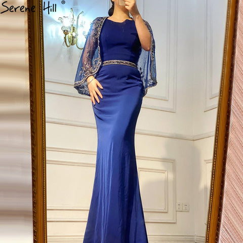 Elegante vestido de noche azul marino de sirena, 2025, de satén con cuentas, chal de hilo, sexy, para mujer, fiesta, LA70884 