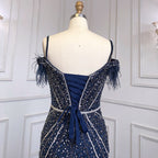 Luxury Feathers Navy Blue Prom Evening Dresses LA71656