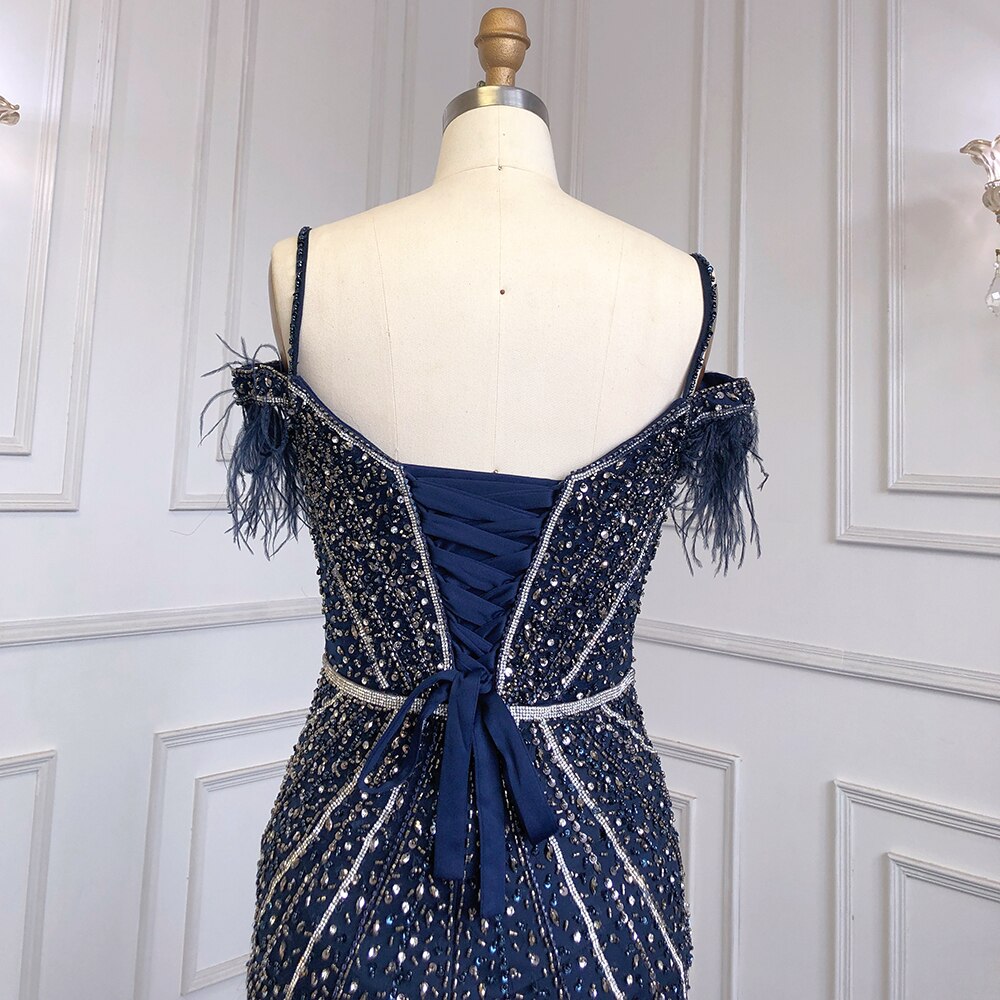 Luxury Feathers Navy Blue Prom Evening Dresses LA71656