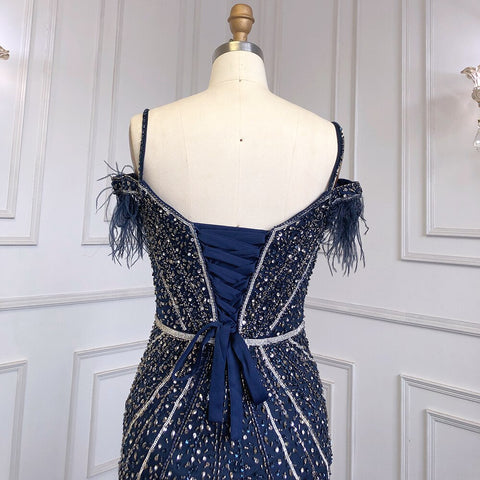 Luxury Feathers Navy Blue Prom Evening Dresses LA71656