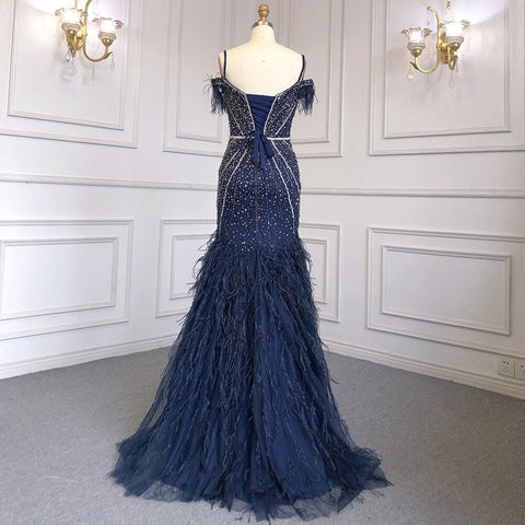 Luxury Feathers Navy Blue Prom Evening Dresses LA71656