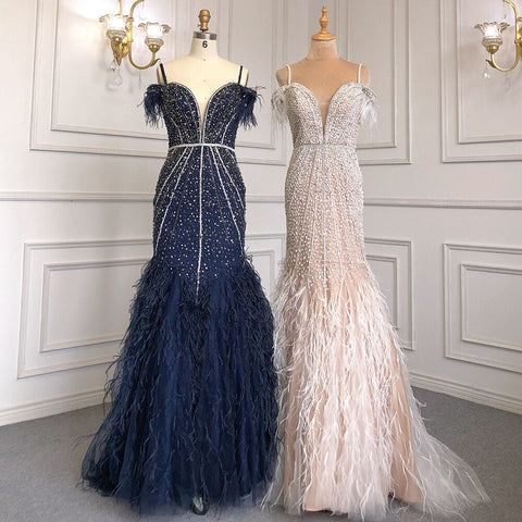 Luxury Feathers Navy Blue Prom Evening Dresses LA71656