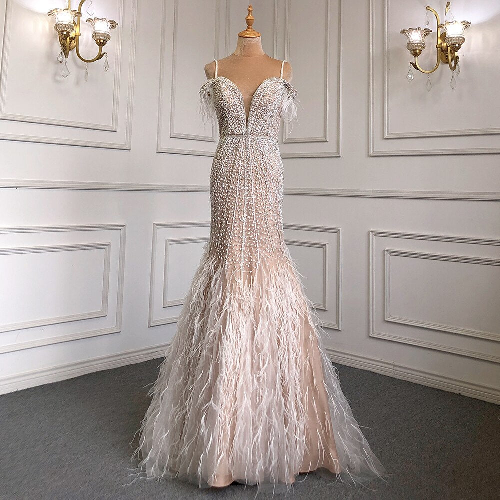 Luxury Feathers Navy Blue Prom Evening Dresses LA71656