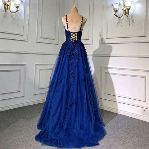 Vestido de noche elegante de sirena azul marino con tirantes finos, espalda descubierta y cordones, para mujer, fiesta, LA71641 