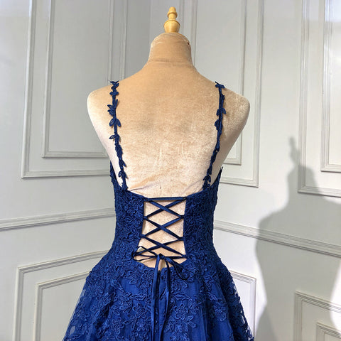 Vestido de noche elegante de sirena azul marino con tirantes finos, espalda descubierta y cordones, para mujer, fiesta, LA71641 