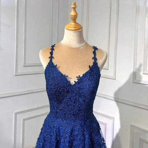 Vestido de noche elegante de sirena azul marino con tirantes finos, espalda descubierta y cordones, para mujer, fiesta, LA71641 