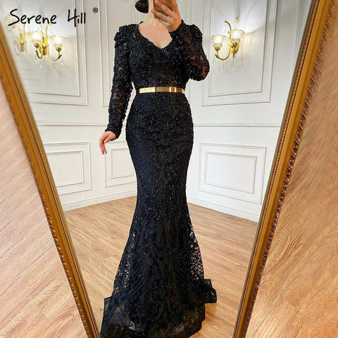 Vestido de noche musulmán de lujo con encaje de sirena azul marino y cuentas, para mujer, LA71075 