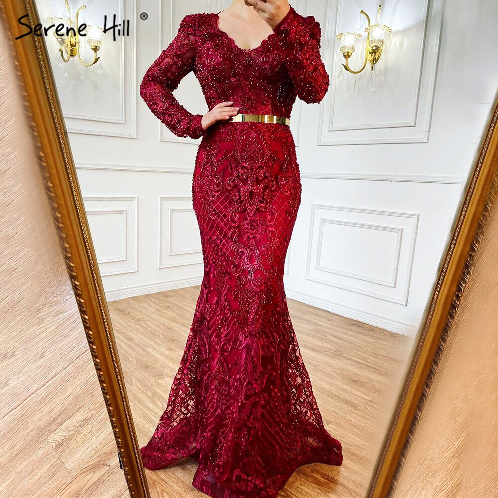 Navy Blue Mermaid Lace Beaded  Muslim Luxury Evening Dresses Gowns 2025 Party  For Woman LA71075