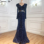 Navy Blue Mermaid Lace Beaded  Muslim Luxury Evening Dresses Gowns 2025 Party  For Woman LA71075