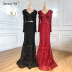 Navy Blue Mermaid Lace Beaded  Muslim Luxury Evening Dresses Gowns 2025 Party  For Woman LA71075