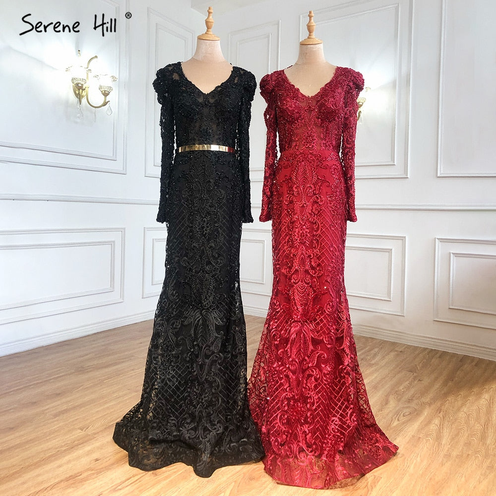 Navy Blue Mermaid Lace Beaded  Muslim Luxury Evening Dresses Gowns 2025 Party  For Woman LA71075