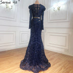Navy Blue Mermaid Lace Beaded  Muslim Luxury Evening Dresses Gowns 2025 Party  For Woman LA71075