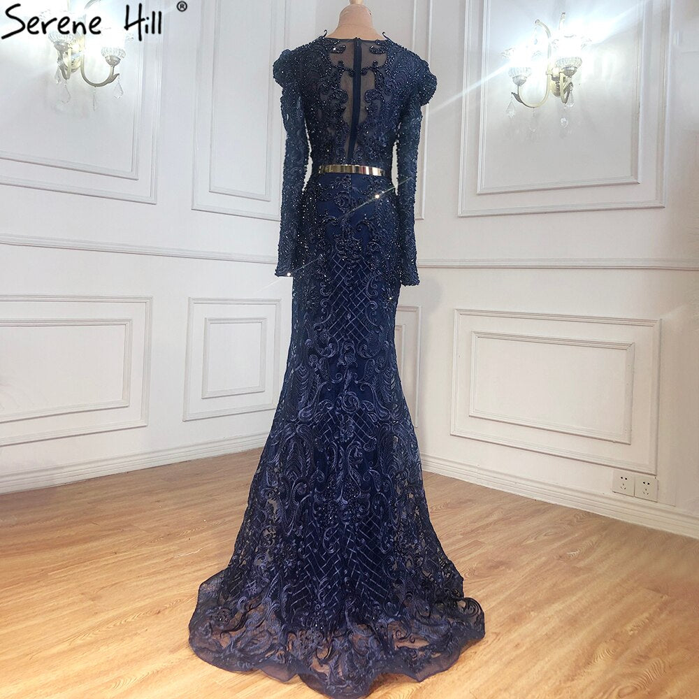 Navy Blue Mermaid Lace Beaded  Muslim Luxury Evening Dresses Gowns 2025 Party  For Woman LA71075