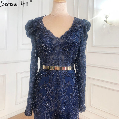 Vestido de noche musulmán de lujo con encaje de sirena azul marino y cuentas, para mujer, LA71075 