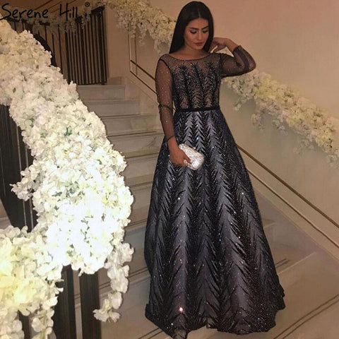 Vestido de noche musulmán de terciopelo azul marino, 2025, con cuentas, corte A, de lujo, para mujer, fiesta, LA71078 