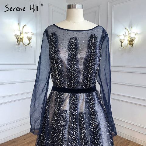 Vestido de noche musulmán de terciopelo azul marino, 2025, con cuentas, corte A, de lujo, para mujer, fiesta, LA71078 