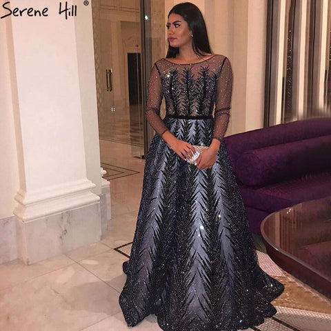 Vestido de noche musulmán de terciopelo azul marino, 2025, con cuentas, corte A, de lujo, para mujer, fiesta, LA71078 