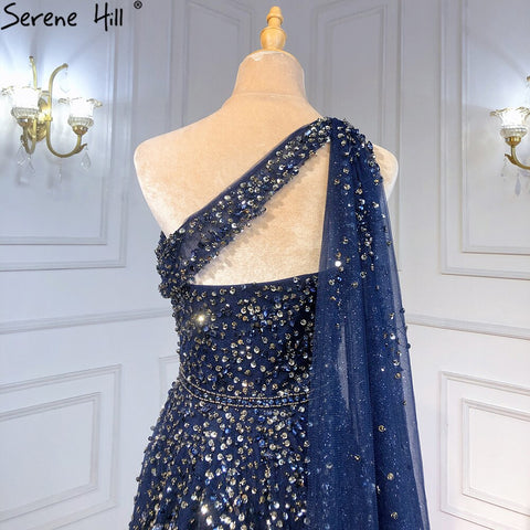 Vestido de noche azul marino de un solo hombro con mangas estilo capa, corte A, con cuentas, de lujo, para mujer, fiesta, LA71432 